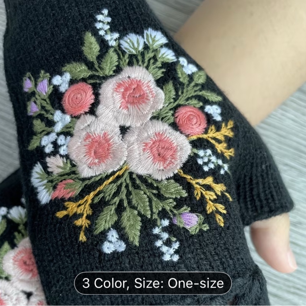Black Mittens Fingerless Gloves with Pink Floral Design - Picture 3 of 8